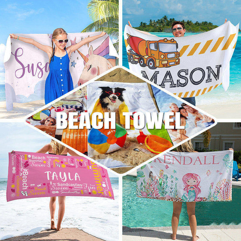 Boho Blue Floral Stripes Custom Name Beach Towel