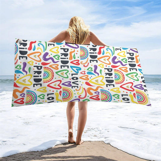 White Colorful Heart Rainbow Pride Month Beach Towel